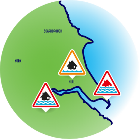 Illustration of the Humber region on the UK map, with three warning triangles for flooding across the area.